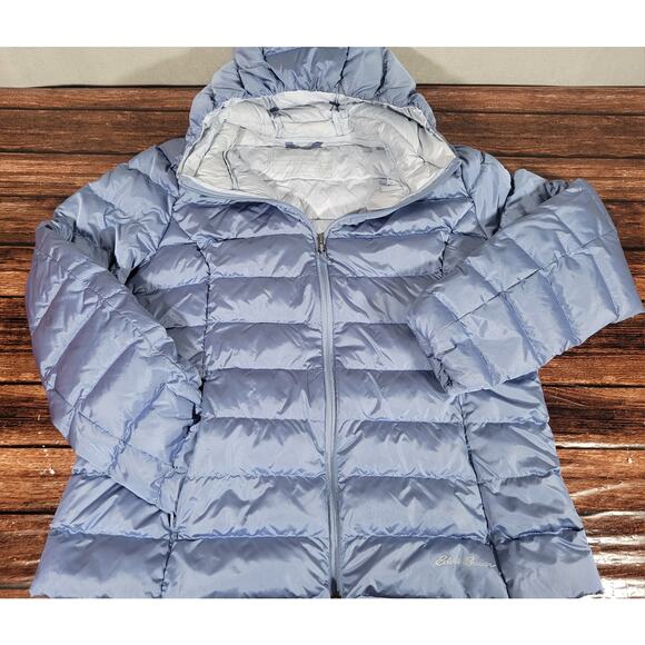 Eddie Bauer Women's EB650 Hooded Down Puffer Jacket Powder Blue XL - Picture 1 of 9